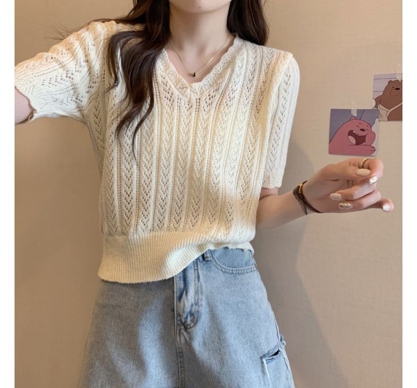 Top Crochet V-Neck Knit Short-Sleeve