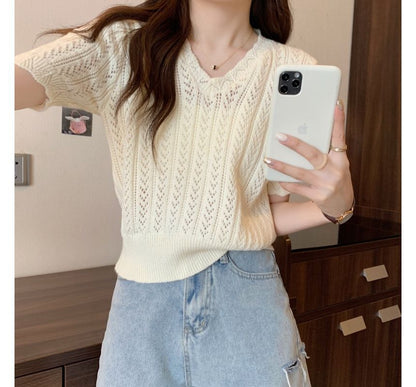 Top Crochet V-Neck Knit Short-Sleeve