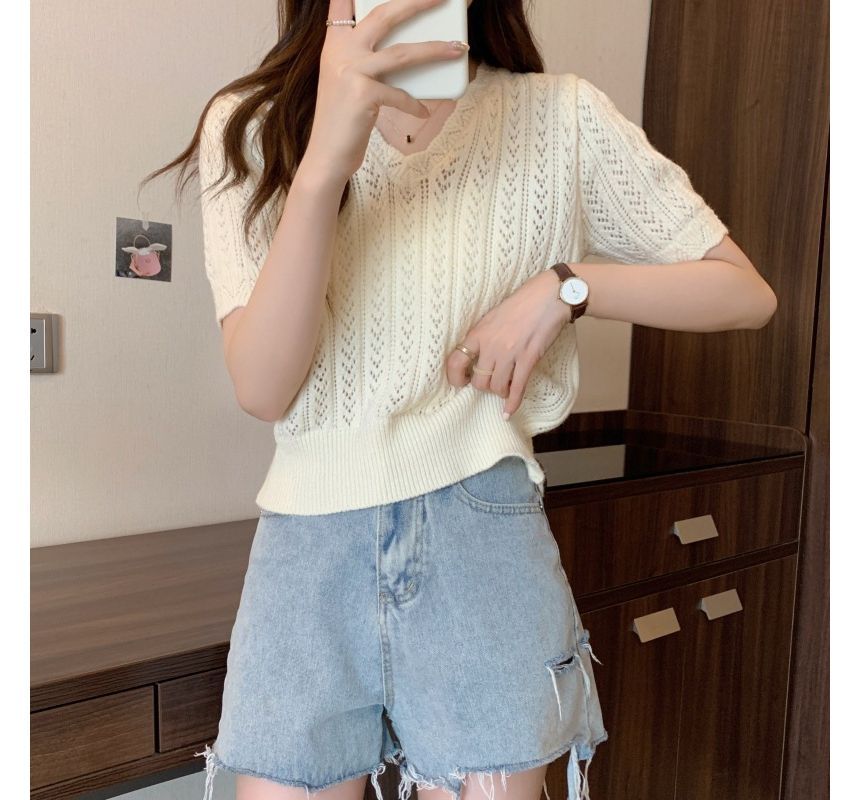 Top Crochet V-Neck Knit Short-Sleeve