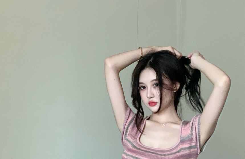 Square-Neck Slim-Fit Striped Short-Sleeve Dress Mini