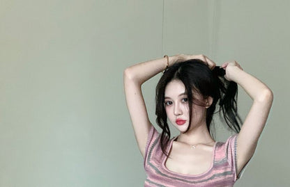 Square-Neck Slim-Fit Striped Short-Sleeve Dress Mini