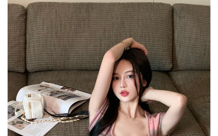 Square-Neck Slim-Fit Striped Short-Sleeve Dress Mini