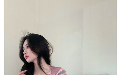 Square-Neck Slim-Fit Striped Short-Sleeve Dress Mini