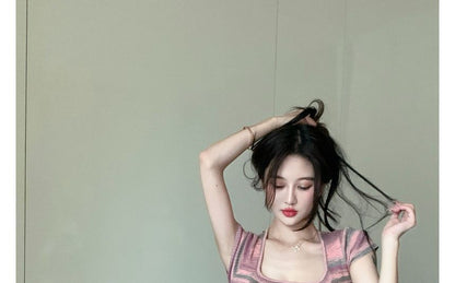 Square-Neck Slim-Fit Striped Short-Sleeve Dress Mini