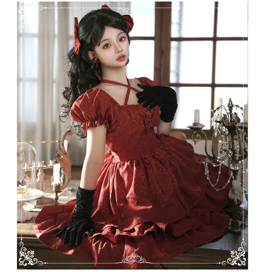 Short-Sleeve Square Neck Bow Floral Lolita A-Line Dress