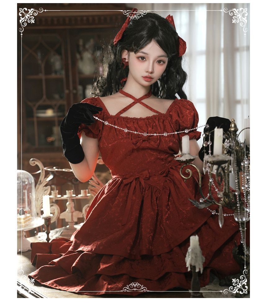 Short-Sleeve Square Neck Bow Floral Lolita A-Line Dress