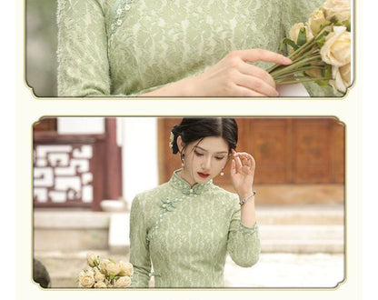 3/4-Sleeve Floral Patterned Midi Qipao