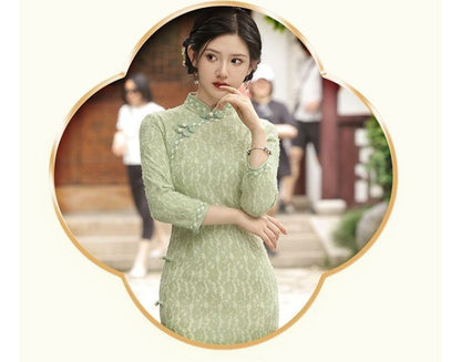 3/4-Sleeve Floral Patterned Midi Qipao