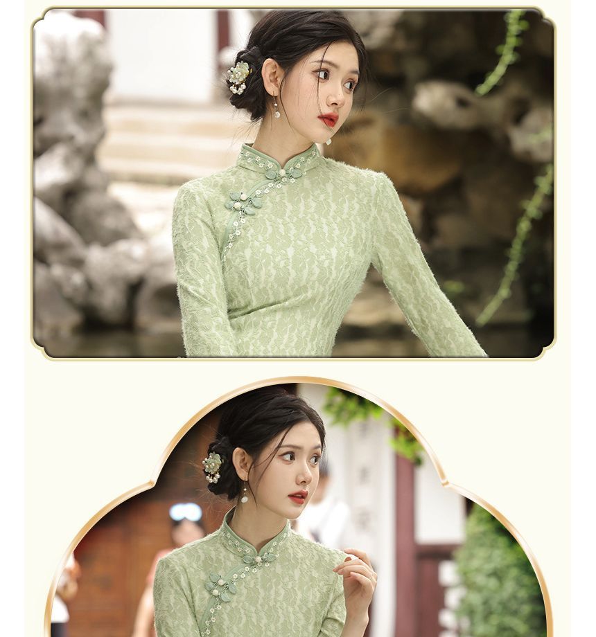 3/4-Sleeve Floral Patterned Midi Qipao