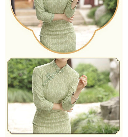 3/4-Sleeve Floral Patterned Midi Qipao