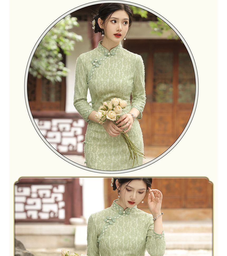 3/4-Sleeve Floral Patterned Midi Qipao