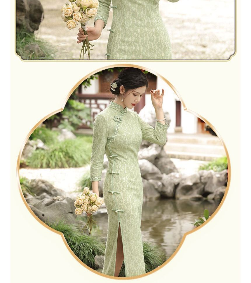 3/4-Sleeve Floral Patterned Midi Qipao