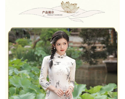 3/4-Sleeve Floral Print Midi Qipao