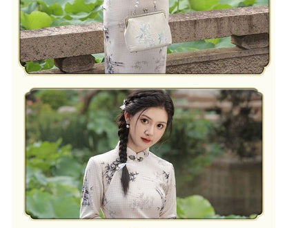 3/4-Sleeve Floral Print Midi Qipao