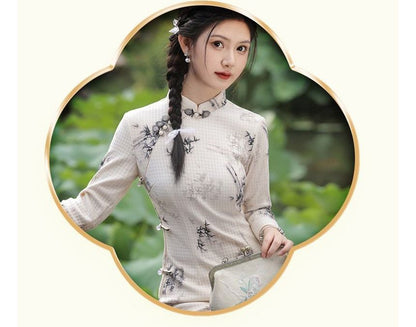 3/4-Sleeve Floral Print Midi Qipao