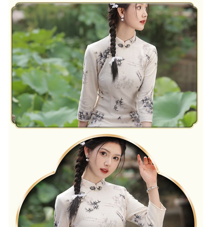 3/4-Sleeve Floral Print Midi Qipao