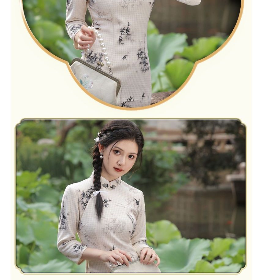 3/4-Sleeve Floral Print Midi Qipao