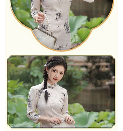 3/4-Sleeve Floral Print Midi Qipao