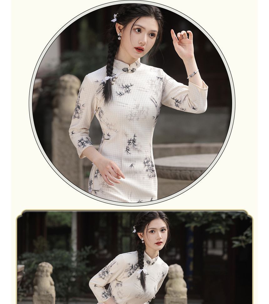 3/4-Sleeve Floral Print Midi Qipao