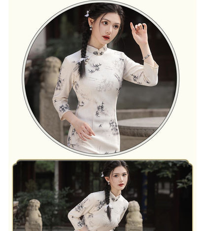 3/4-Sleeve Floral Print Midi Qipao