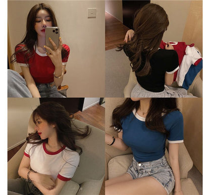 Short-Sleeve Crew Neck Plain Contrast Trim Cropped Tee