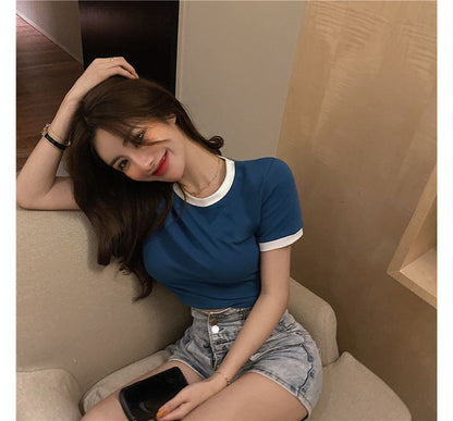 Short-Sleeve Crew Neck Plain Contrast Trim Cropped Tee