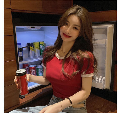 Short-Sleeve Crew Neck Plain Contrast Trim Cropped Tee