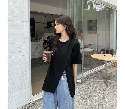 Short-Sleeve Crew Neck Plain Side-Slit Tee