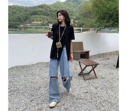 Short-Sleeve Crew Neck Plain Side-Slit Tee