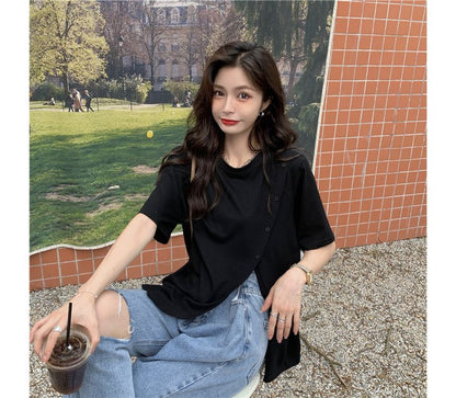 Short-Sleeve Crew Neck Plain Side-Slit Tee