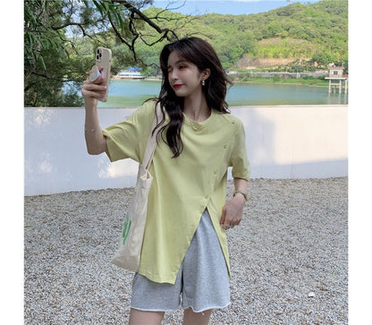 Short-Sleeve Crew Neck Plain Side-Slit Tee