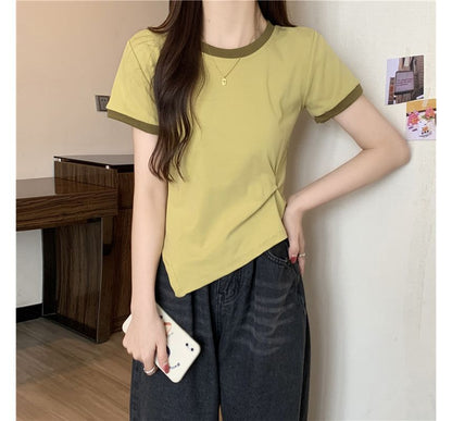 Short-Sleeve Crew Neck Plain Contrast Trim Asymmetrical Tee