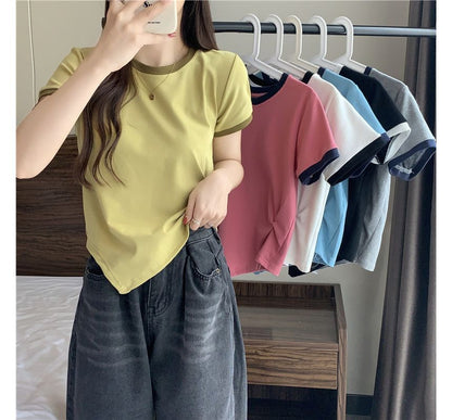 Short-Sleeve Crew Neck Plain Contrast Trim Asymmetrical Tee