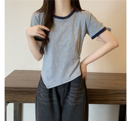 Short-Sleeve Crew Neck Plain Contrast Trim Asymmetrical Tee