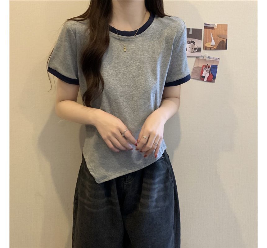 Short-Sleeve Crew Neck Plain Contrast Trim Asymmetrical Tee