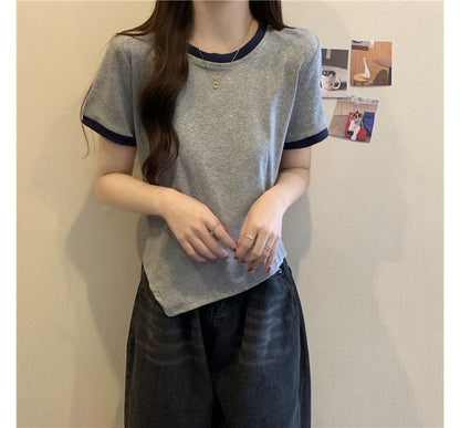 Short-Sleeve Crew Neck Plain Contrast Trim Asymmetrical Tee