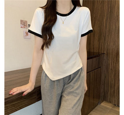 Short-Sleeve Crew Neck Plain Contrast Trim Asymmetrical Tee