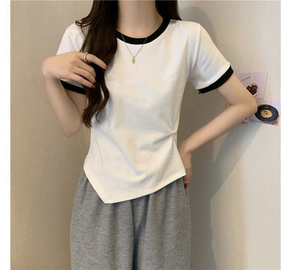 Short-Sleeve Crew Neck Plain Contrast Trim Asymmetrical Tee