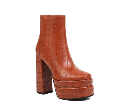 Square Toe Crocodile Grain Platform Block Heel Short Boots