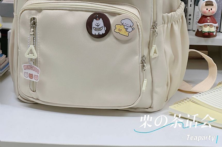 Letter Embroidered Multi-Pocket Backpack / Bag Charm / Set