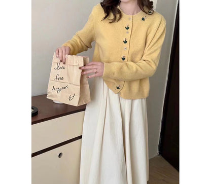 Neck Crew Plain Floral Cardigan