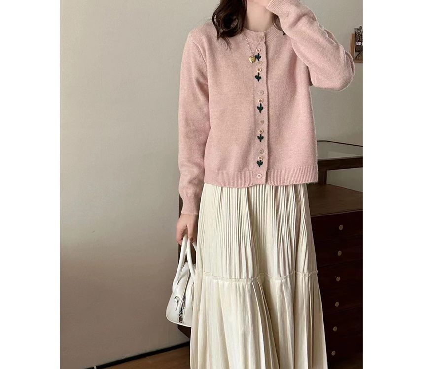 Neck Crew Plain Floral Cardigan