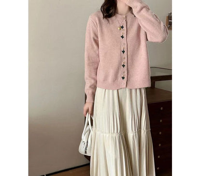 Neck Crew Plain Floral Cardigan