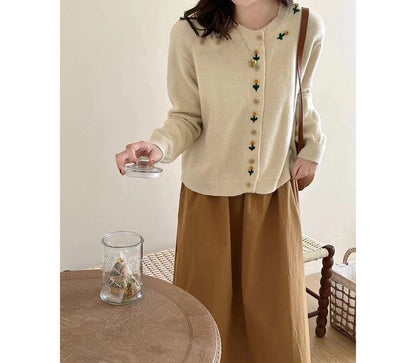 Neck Crew Plain Floral Cardigan