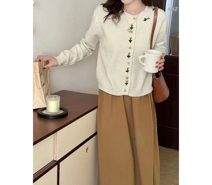 Neck Crew Plain Floral Cardigan