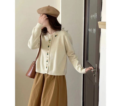 Neck Crew Plain Floral Cardigan