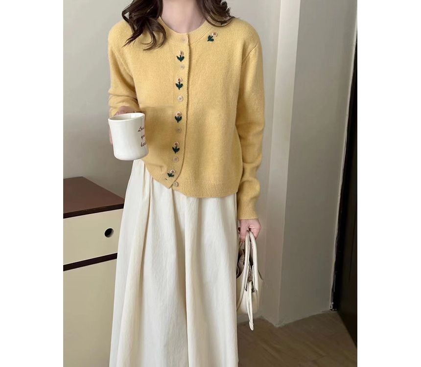 Neck Crew Plain Floral Cardigan