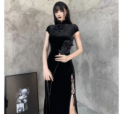 Short-Sleeve Plain Slit Lace-Up Velvet Maxi Qipao
