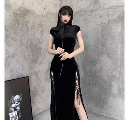 Short-Sleeve Plain Slit Lace-Up Velvet Maxi Qipao
