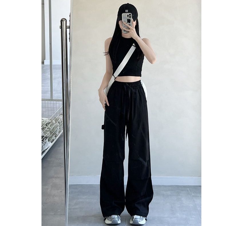 High Rise Drawstring Plain Wide Leg Parachute Cargo Sweatpants